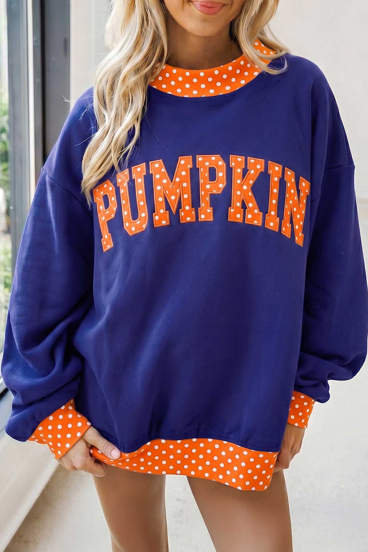 Seasonal Polka Dot Letter Print Contrast Trim Mock Neck Sweatshirt
