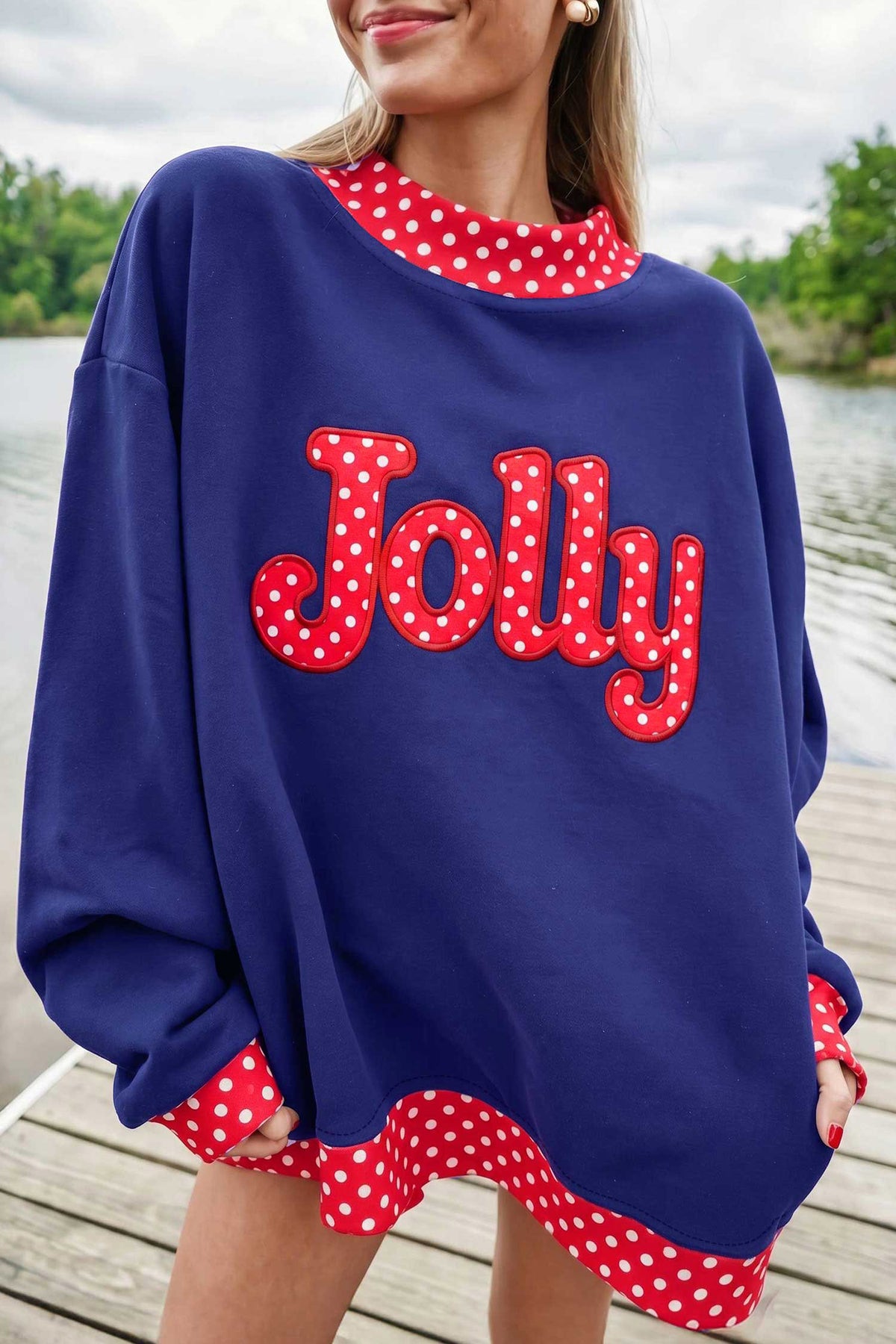 Seasonal Polka Dot Letter Print Contrast Trim Mock Neck Sweatshirt