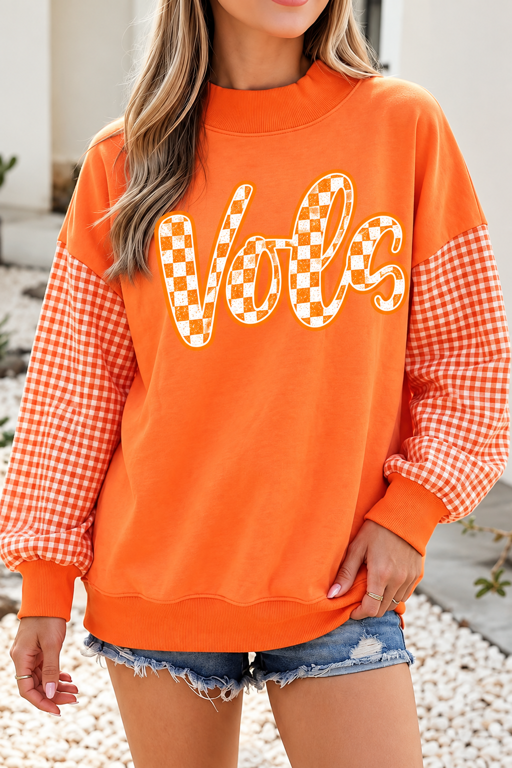Vols Checkerboard Plaid Sleeve Colorblock Mock Neck Sweatshirt