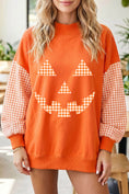Load image into Gallery viewer, Russet Orange Plaid Sleeve Halloween Pumpkin Face Graphic Sweatshirt
