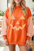 Load image into Gallery viewer, Russet Orange Plaid Sleeve Halloween Pumpkin Face Graphic Sweatshirt

