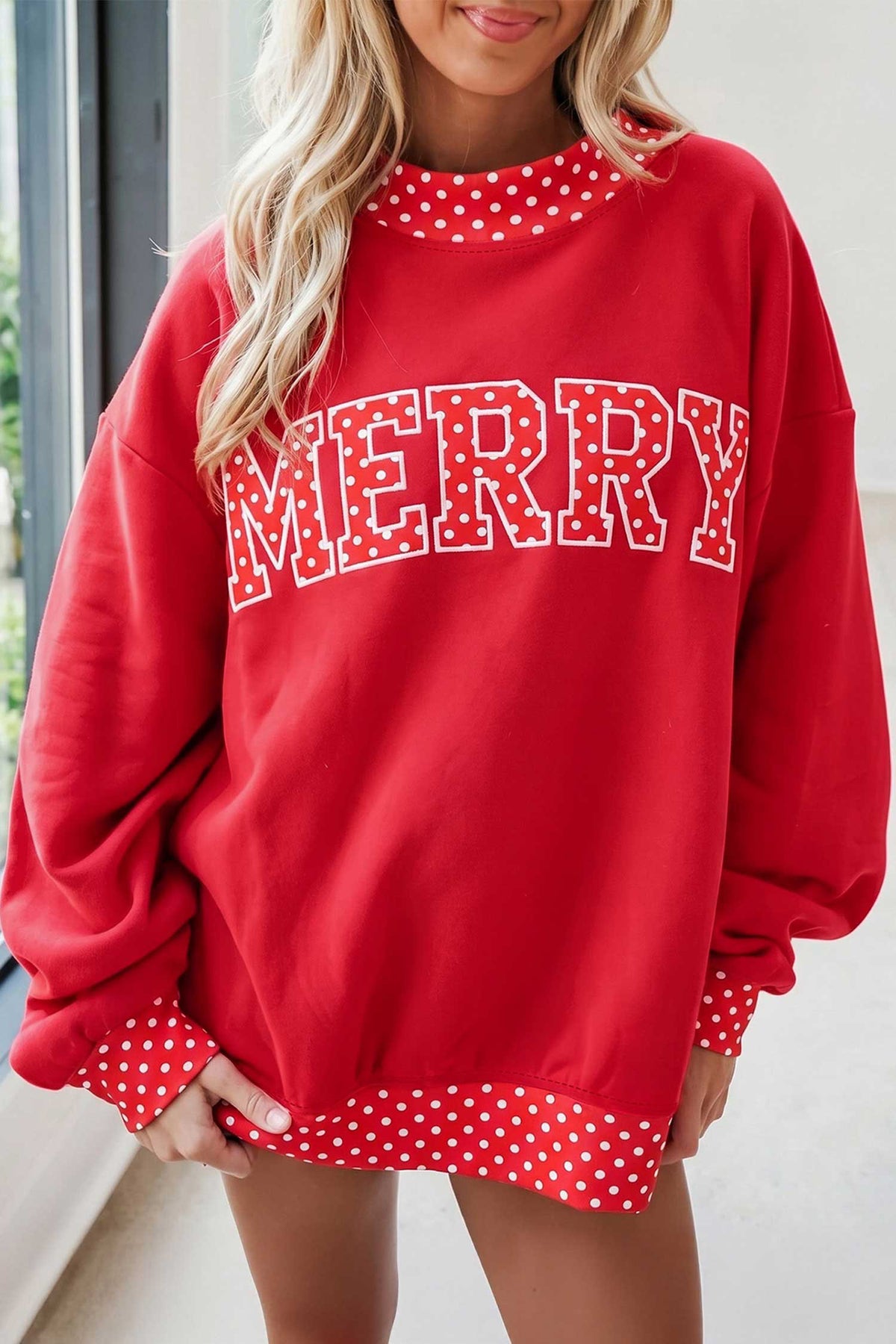Seasonal Polka Dot Letter Print Contrast Trim Mock Neck Sweatshirt